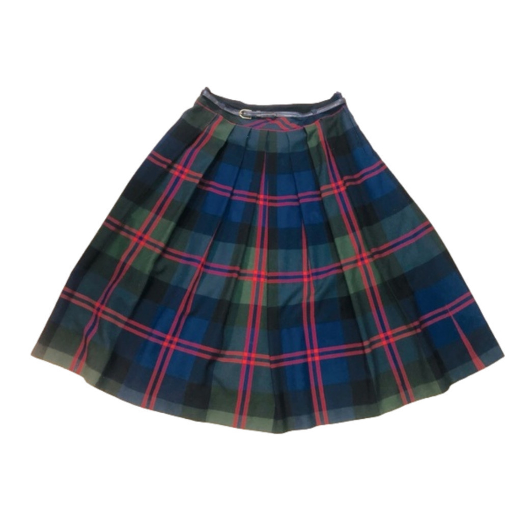 VINTAGE Wool Blend Scottish Kilt w Leather & Brass Belt 32” Waist Plaid Tartan